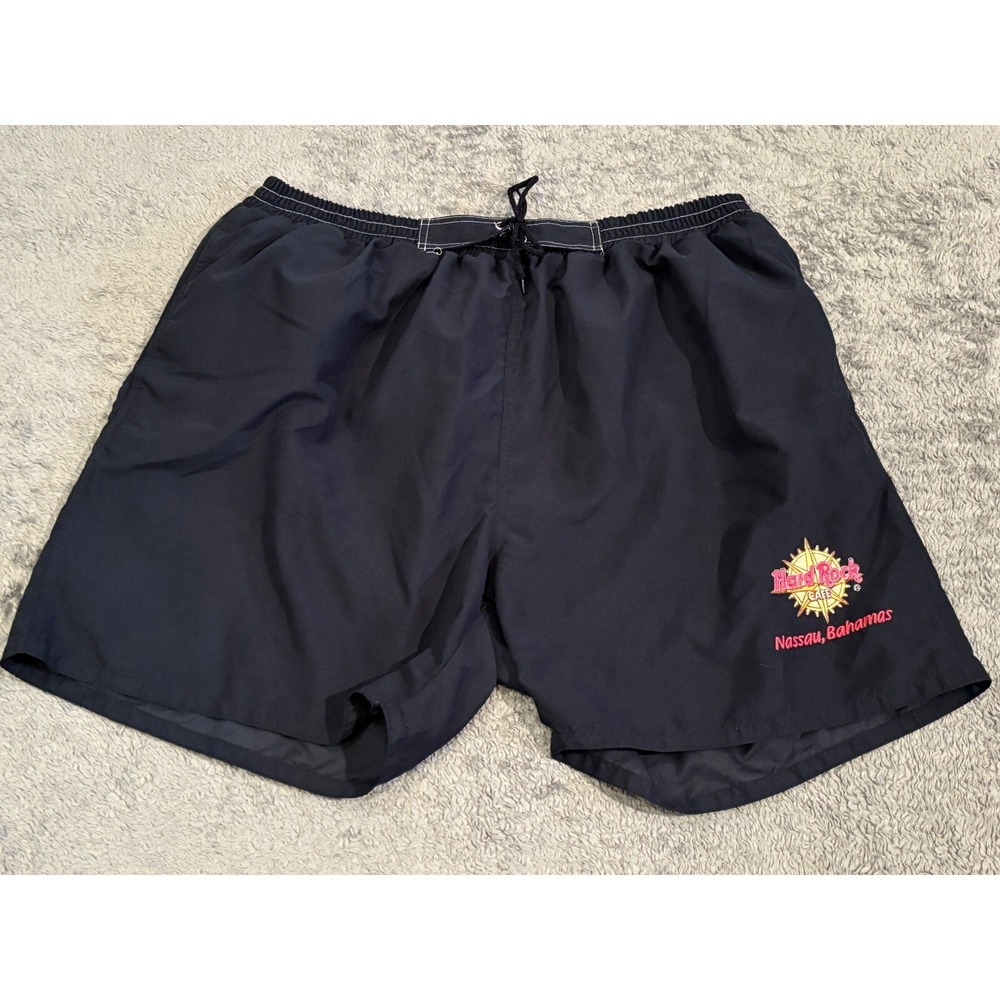 Vintage Hard Rock Cafe Swim Trunks Size XL Nassau Bahamas Navy Blue Mesh Lined